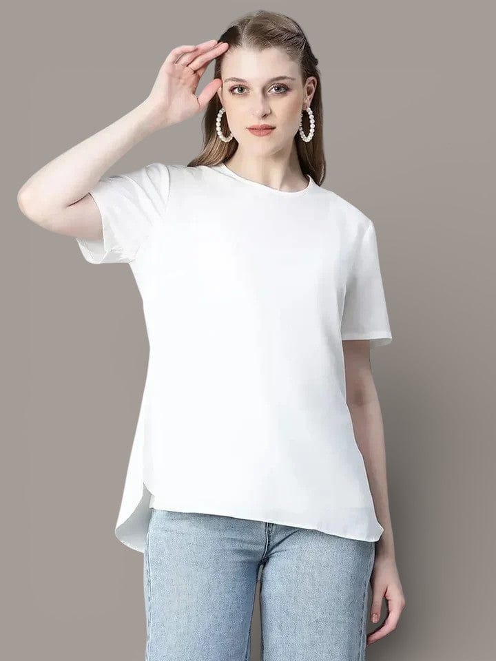 White Casual Top - Women's Short Sleeve Polyester Crop Top With Round Neck