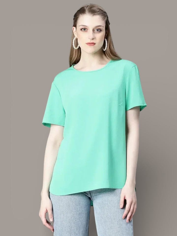 Green Casual Top - Women's Crop Short Sleeve Shirt | Comfortable Polyester