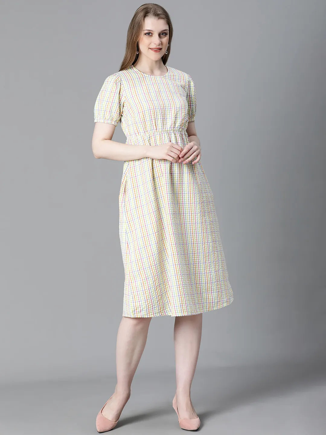 Adorable Check Print Multicolor Short Sleeve Cotton Dress