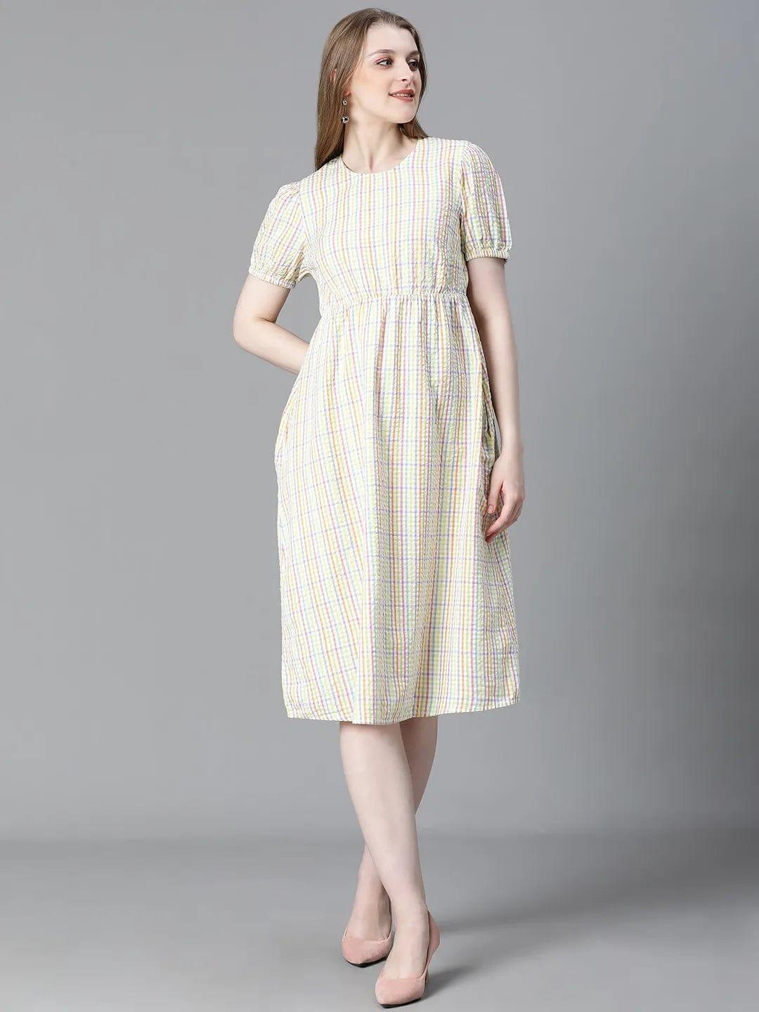 Adorable Check Print Multicolor Short Sleeve Cotton Dress