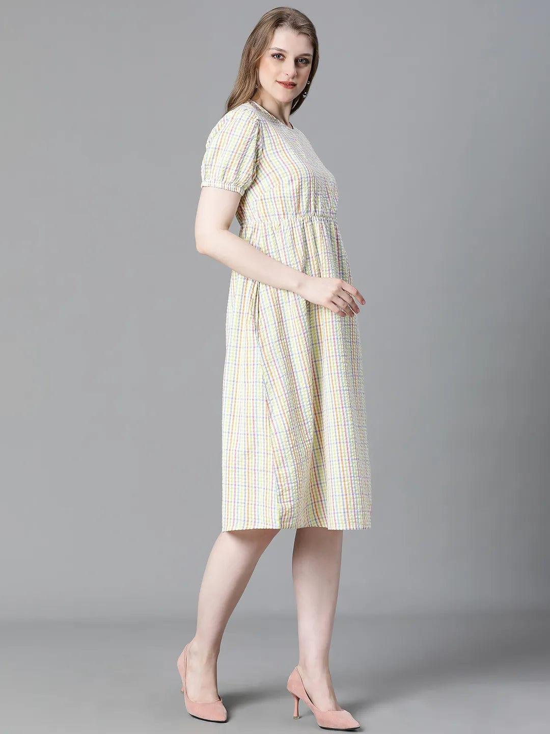Adorable Check Print Multicolor Short Sleeve Cotton Dress