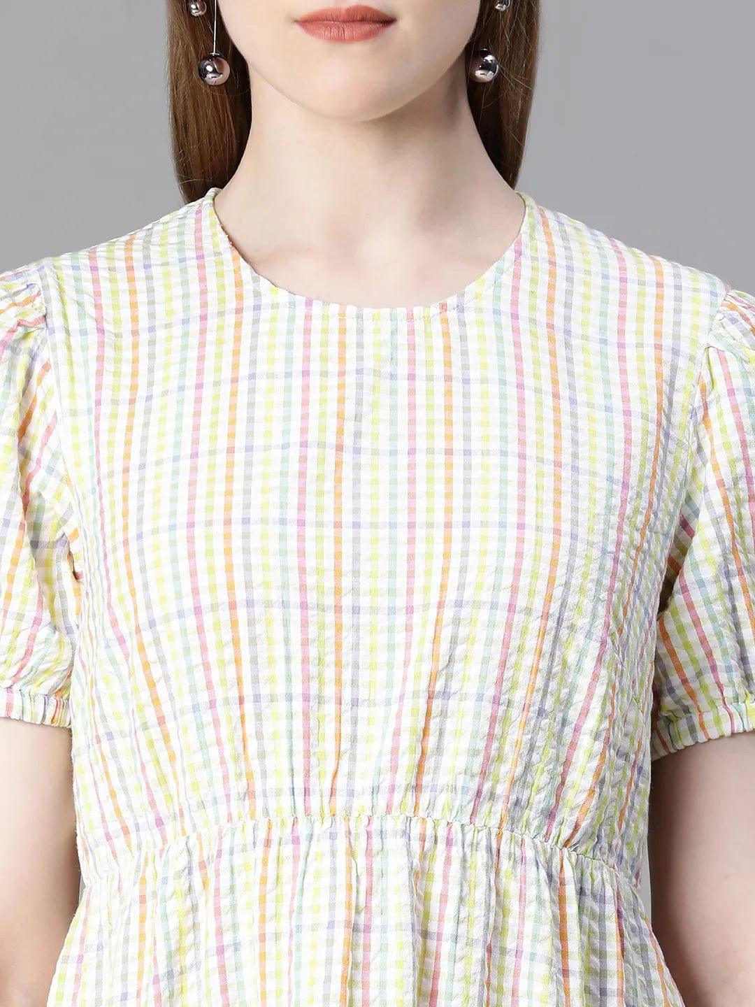 Adorable Check Print Multicolor Short Sleeve Cotton Dress