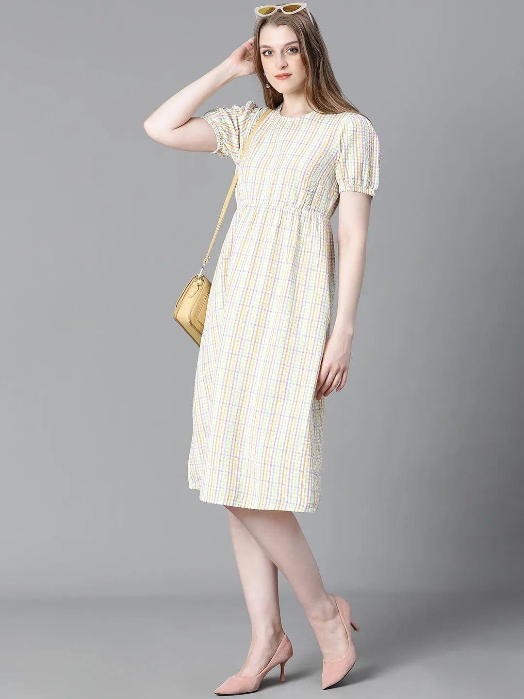 Adorable Check Print Multicolor Short Sleeve Cotton Dress