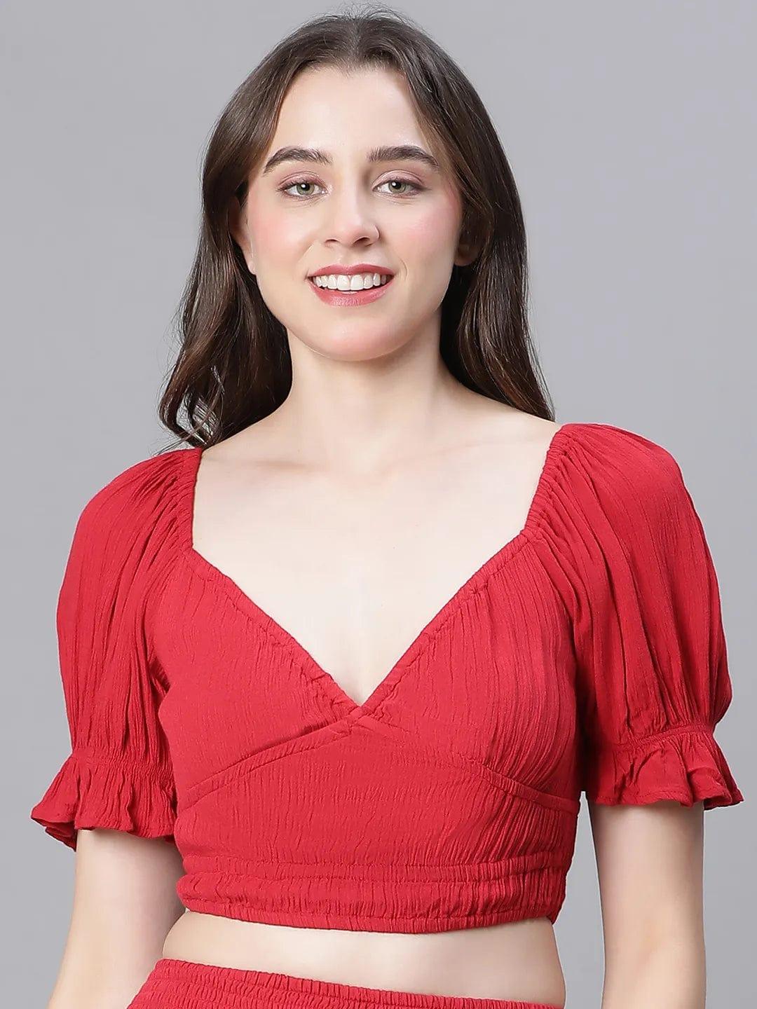 Women Solid Red V-Neck Elasticated Nightwear Crop Women Top