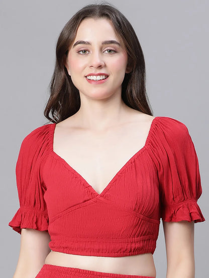 Women Solid Red V-Neck Elasticated Nightwear Crop Top