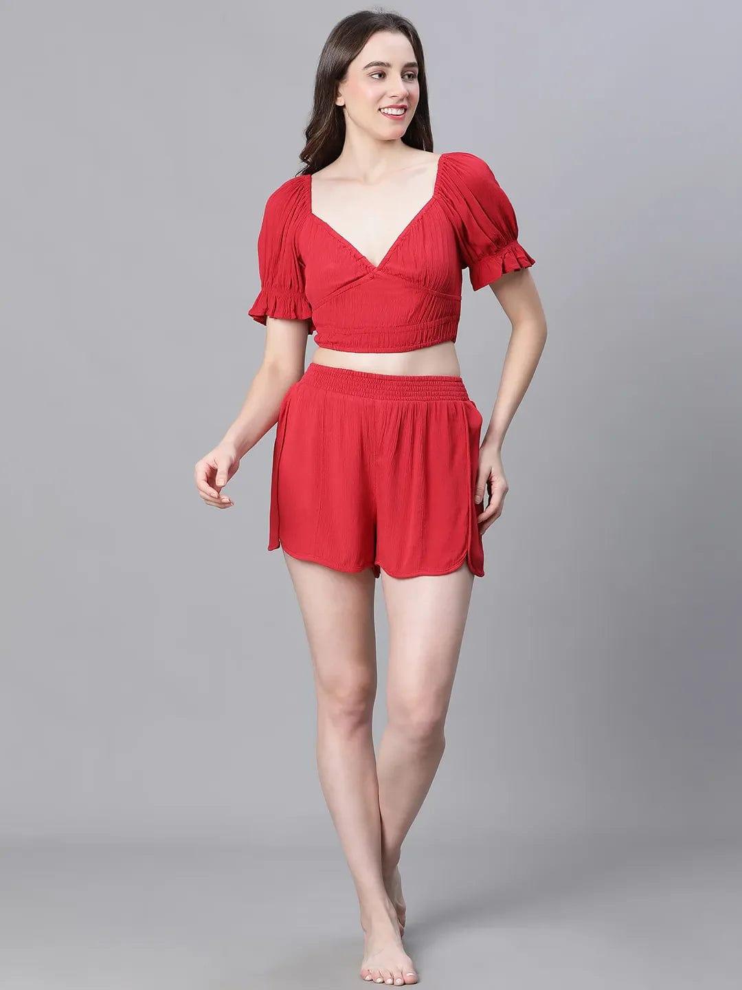 Women Solid Red V-Neck Elasticated Nightwear Crop Women Top