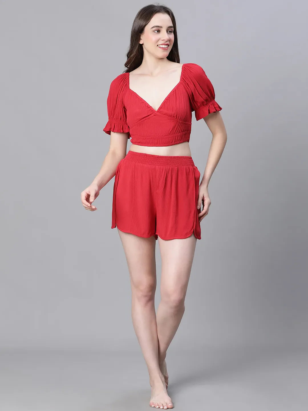 Women Solid Red V-Neck Elasticated Nightwear Crop Top