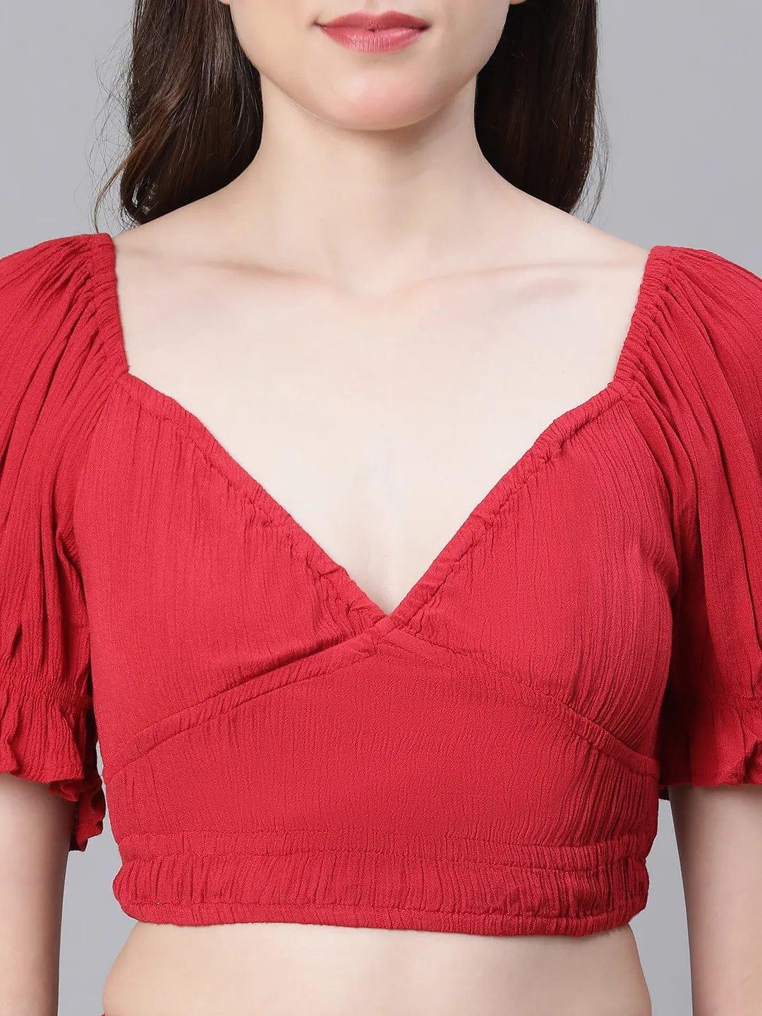 Women Solid Red V-Neck Elasticated Nightwear Crop Women Top