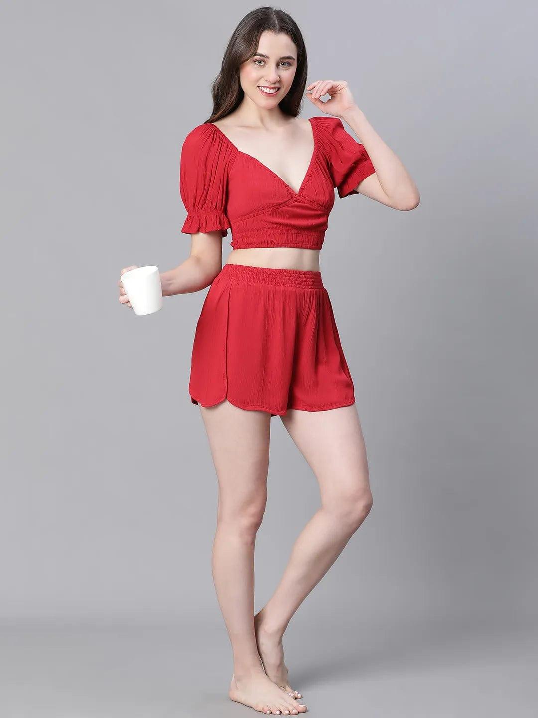 Women Solid Red V-Neck Elasticated Nightwear Crop Women Top