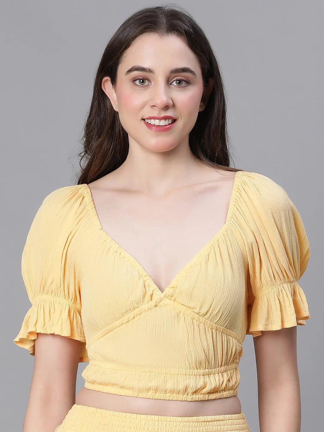 Solid Yellow V-Neck Elasticated Nightwear Crop Women Top