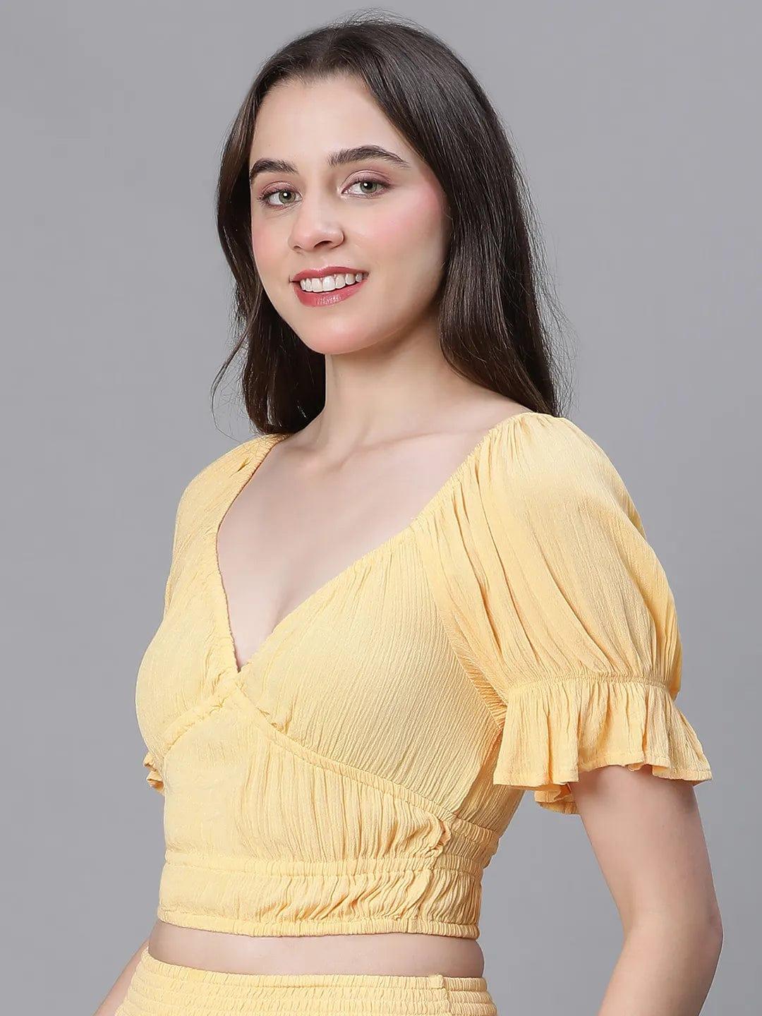 Solid Yellow V-Neck Elasticated Nightwear Crop Women Top