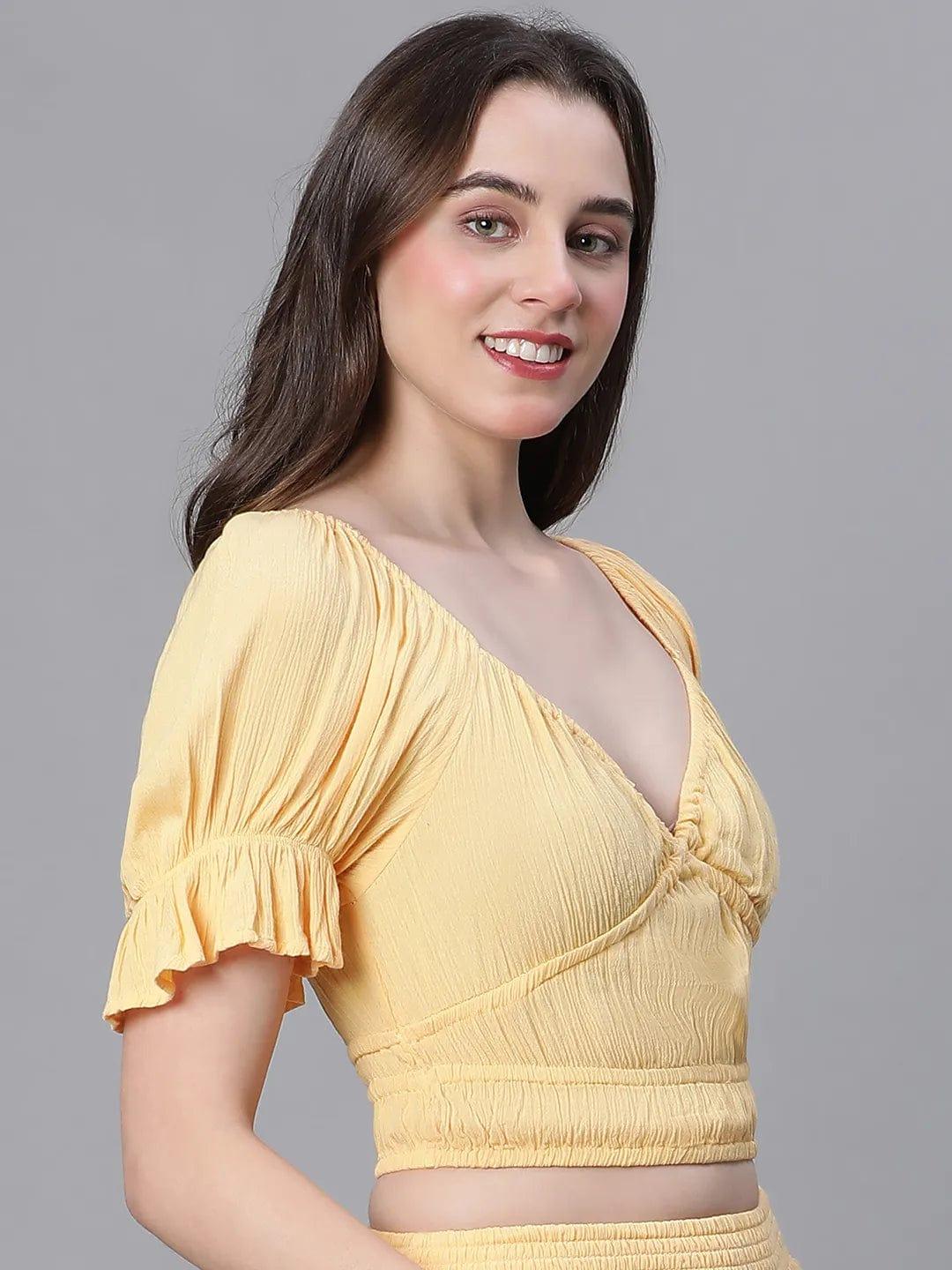 Solid Yellow V-Neck Elasticated Nightwear Crop Women Top