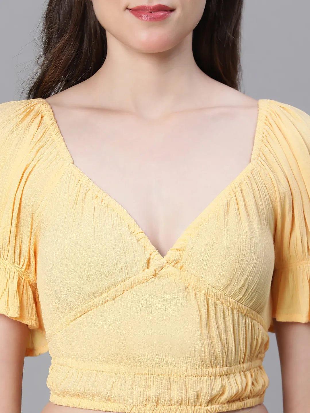 Solid Yellow V-Neck Elasticated Nightwear Crop Women Top