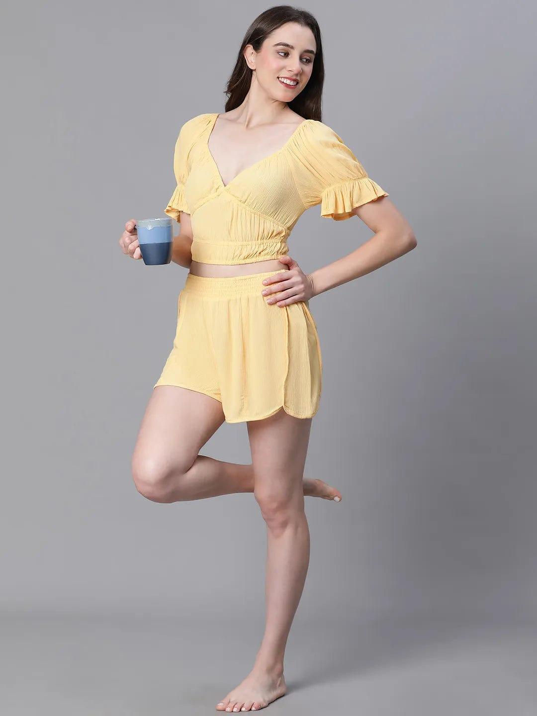 Solid Yellow V-Neck Elasticated Nightwear Crop Women Top