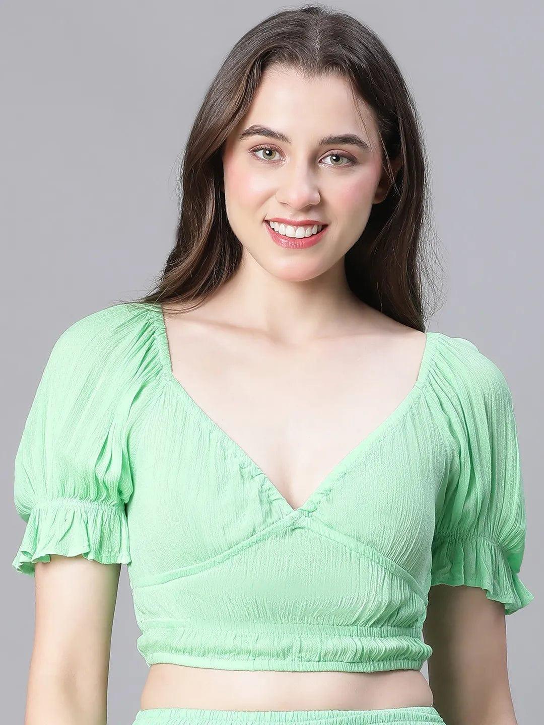 Women Solid Green V-Neck Elasticated Nightwear Crop Women Top