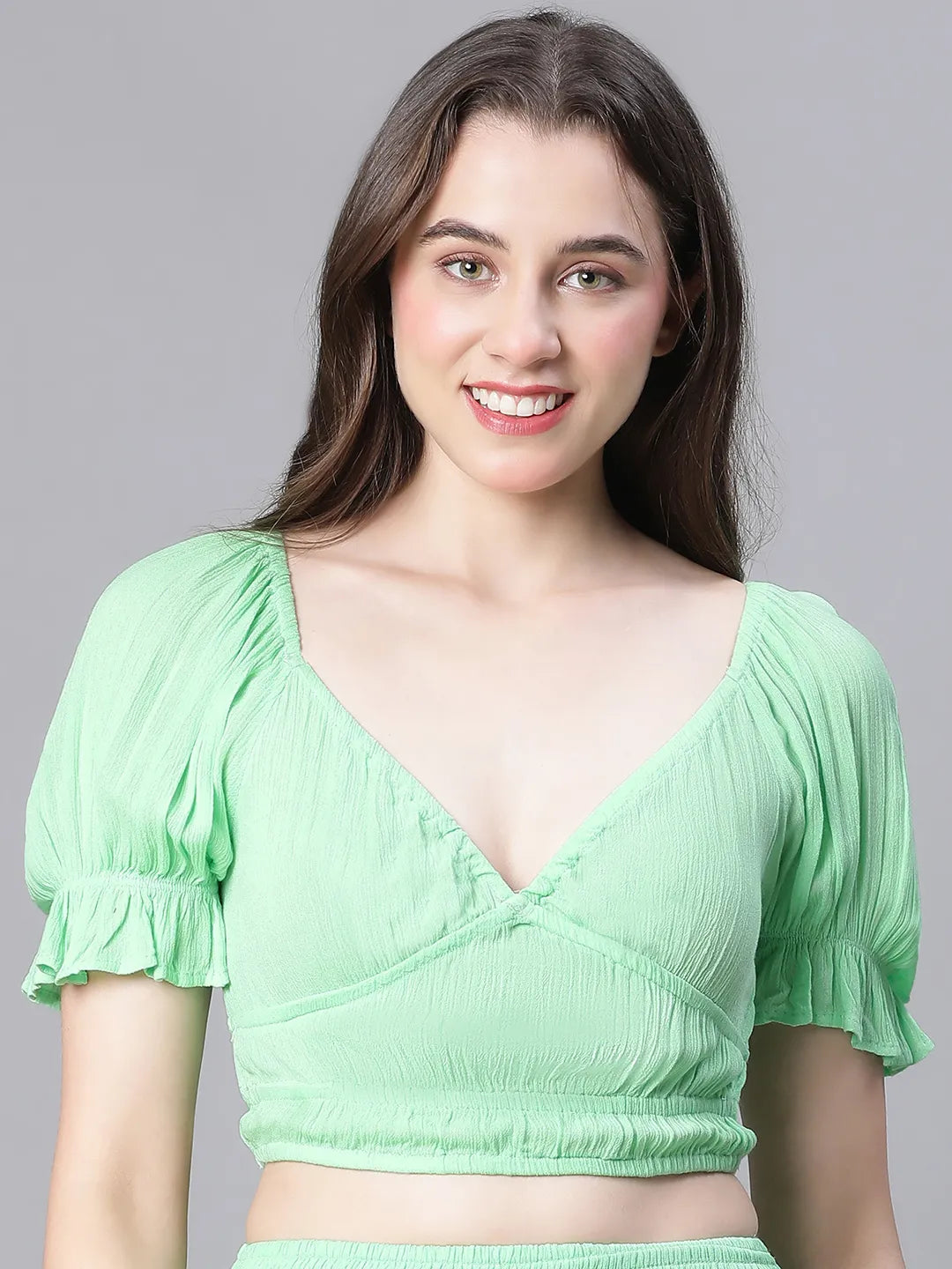 Women Solid Green V-Neck Elasticated Nightwear Crop Top