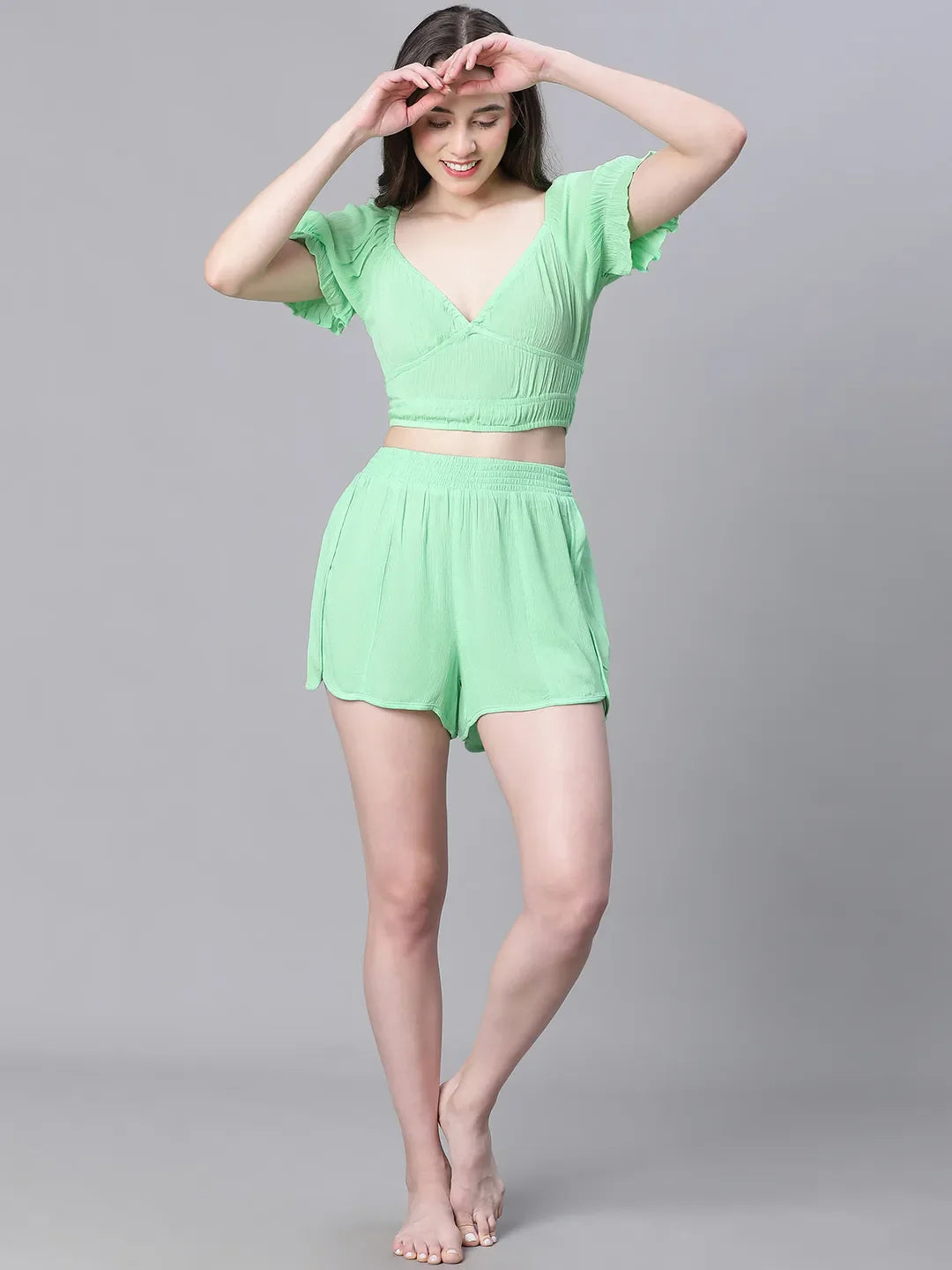 Women Solid Green V-Neck Elasticated Nightwear Crop Top