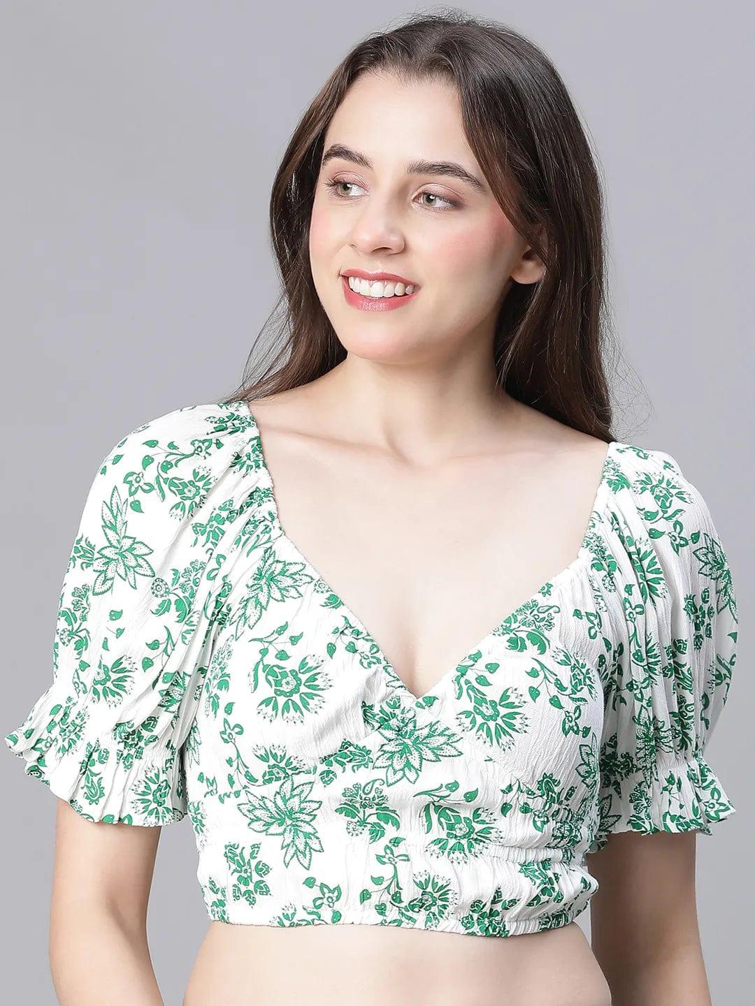 Green Floral Print V-Neck Elasticated Nightwear Crop Women Top