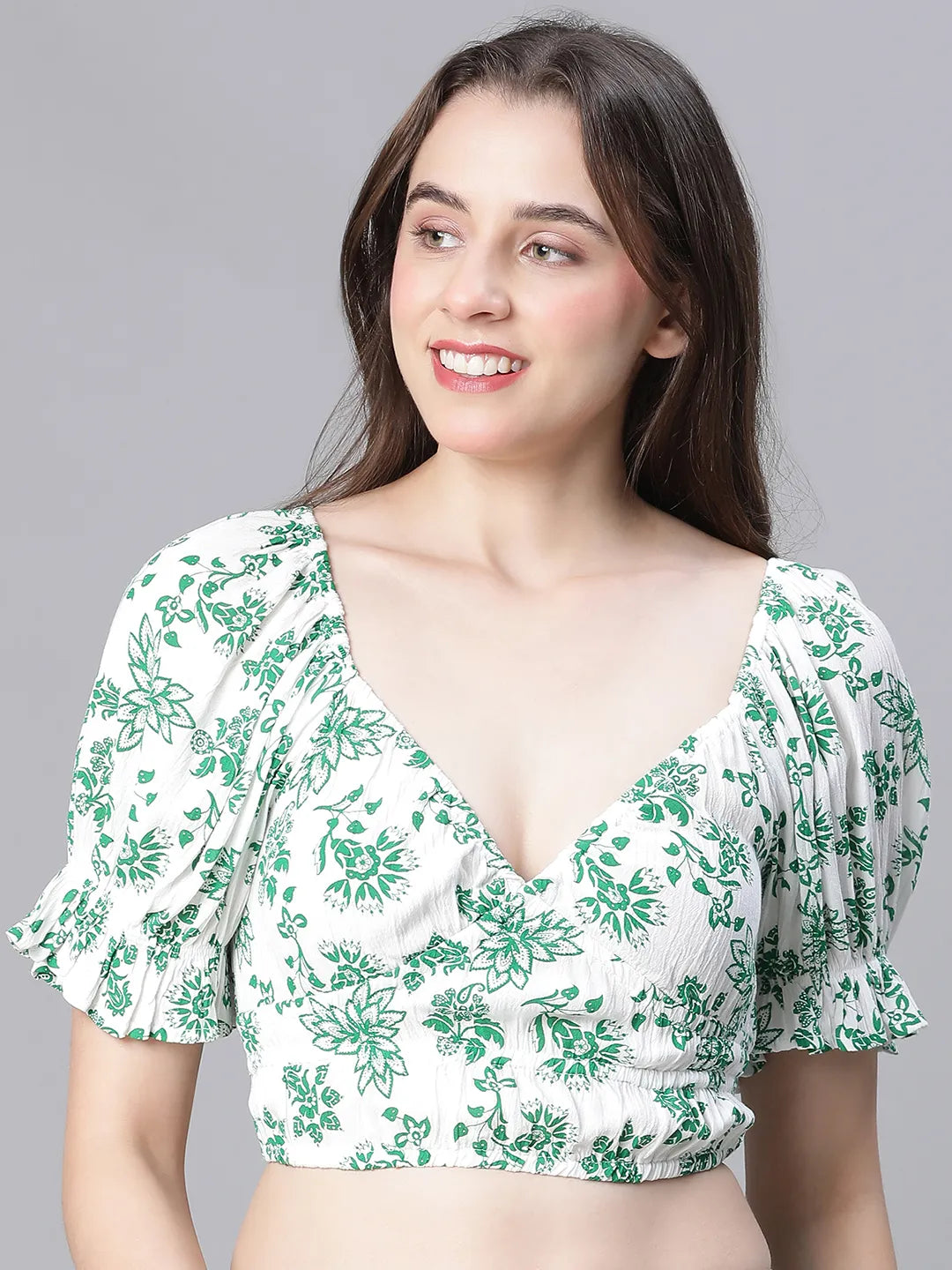 Green Floral Print V-Neck Elasticated Nightwear Crop Top