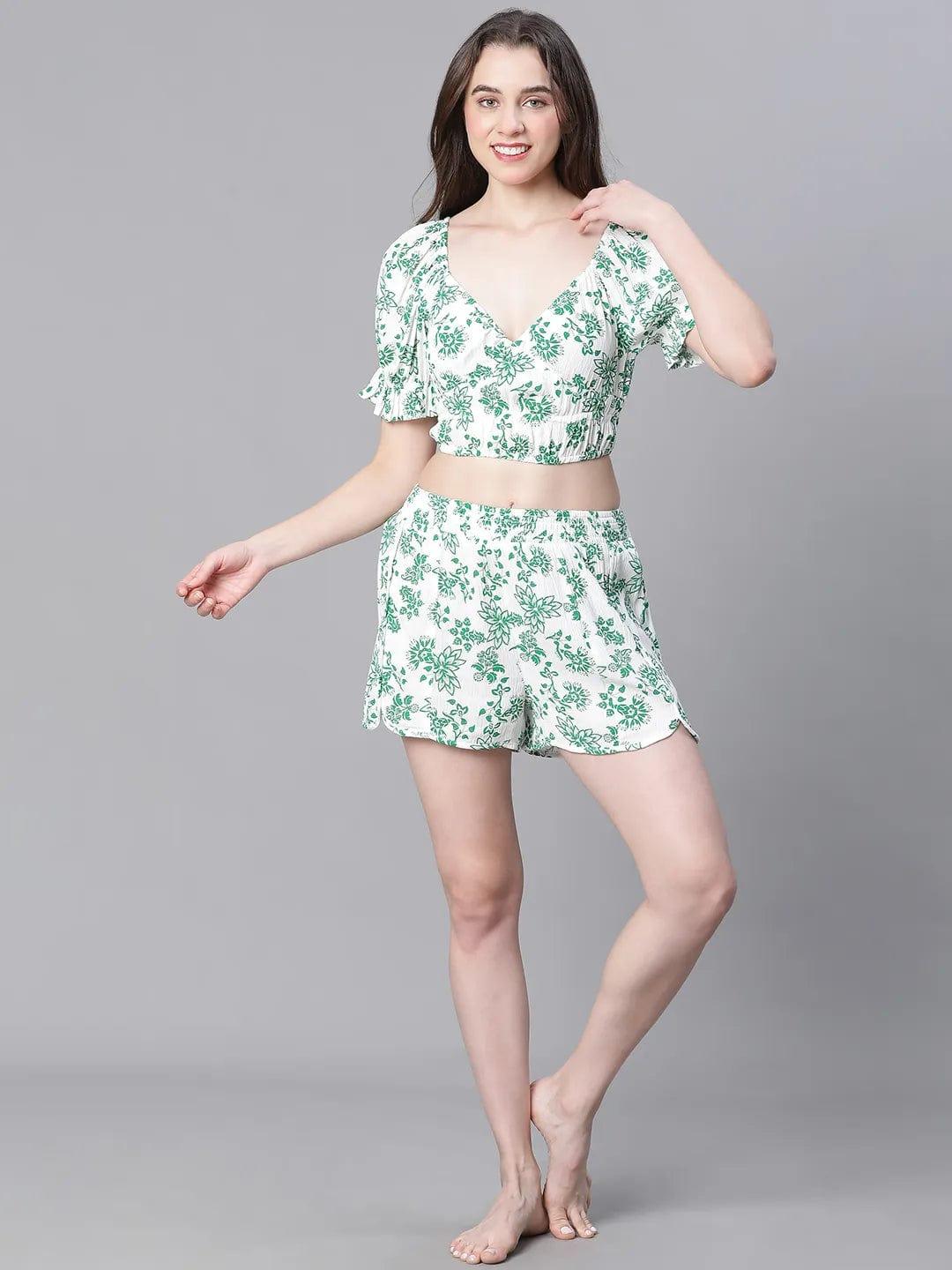 Green Floral Print V-Neck Elasticated Nightwear Crop Women Top