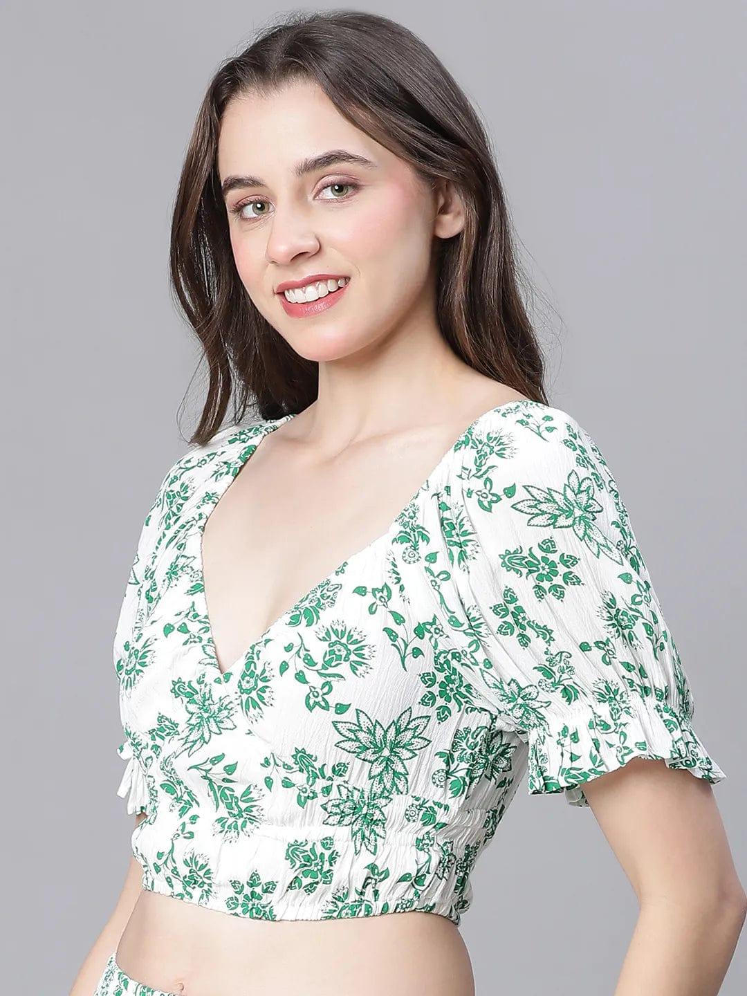 Green Floral Print V-Neck Elasticated Nightwear Crop Women Top