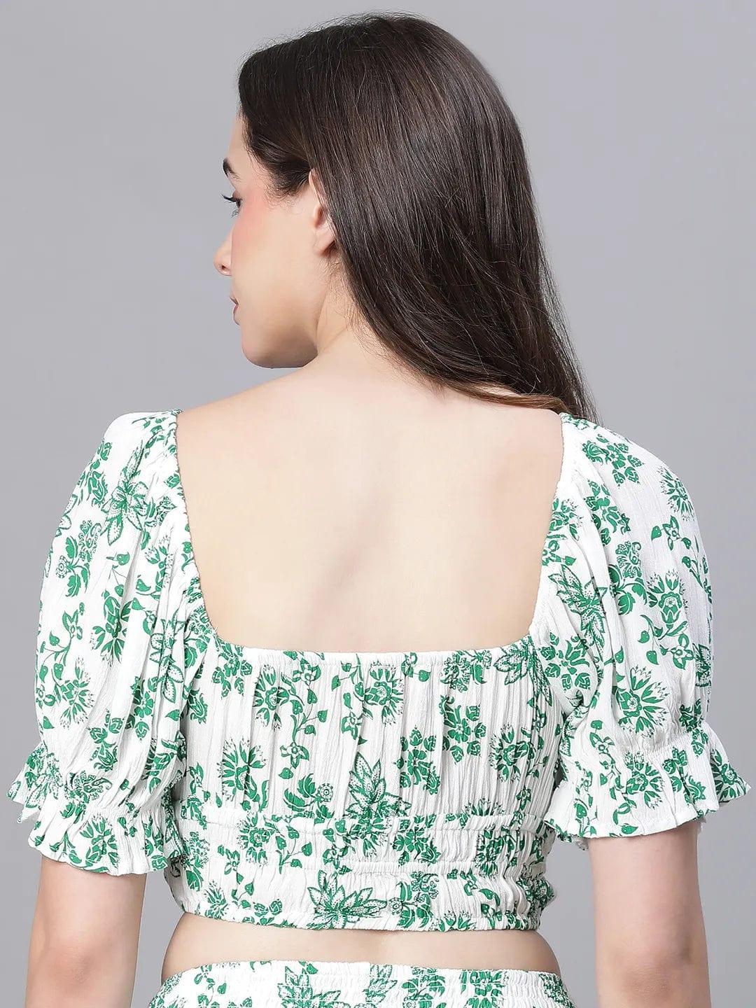 Green Floral Print V-Neck Elasticated Nightwear Crop Women Top