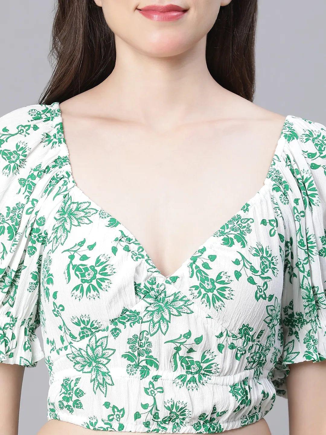 Green Floral Print V-Neck Elasticated Nightwear Crop Women Top