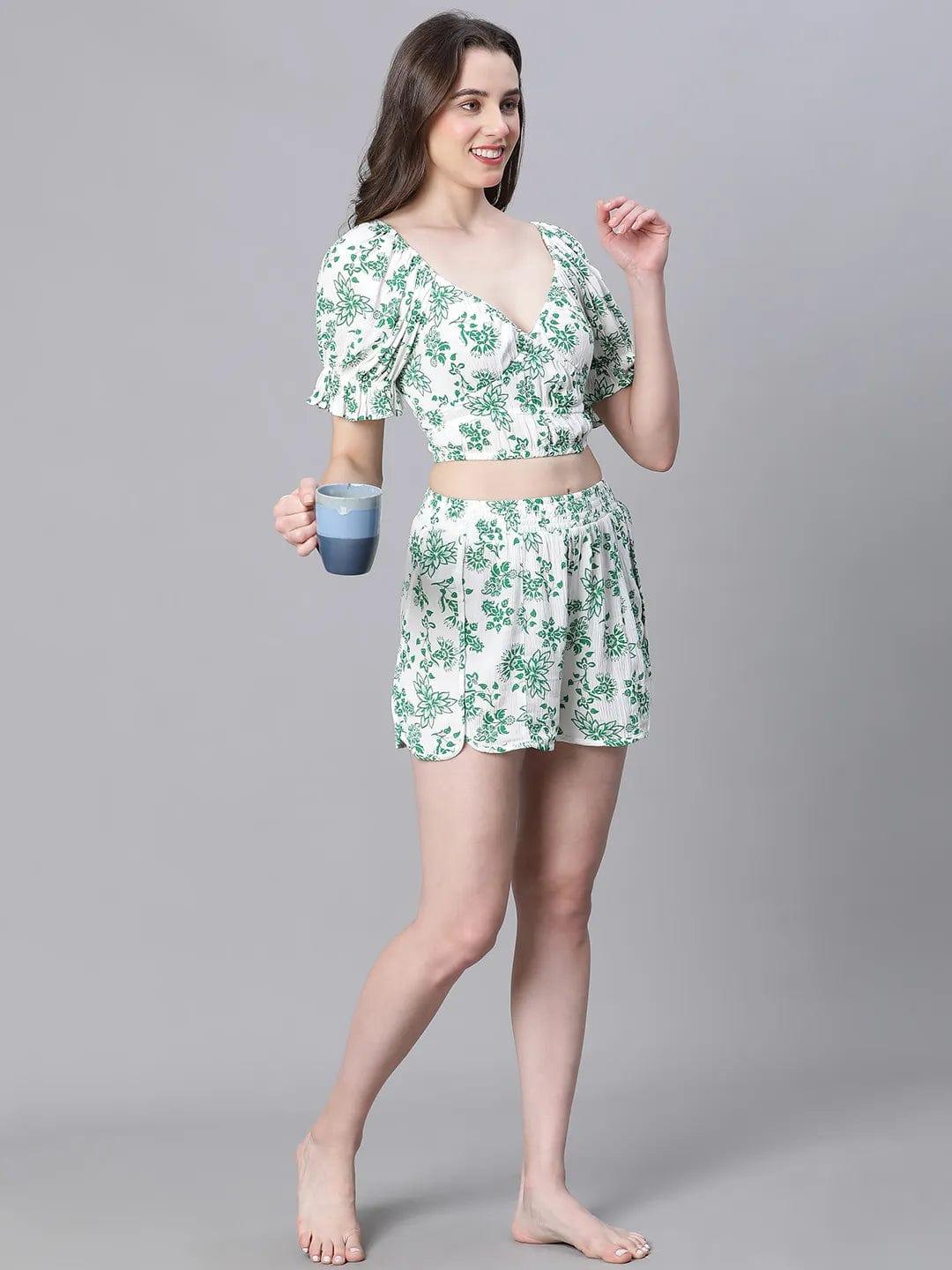 Green Floral Print V-Neck Elasticated Nightwear Crop Women Top