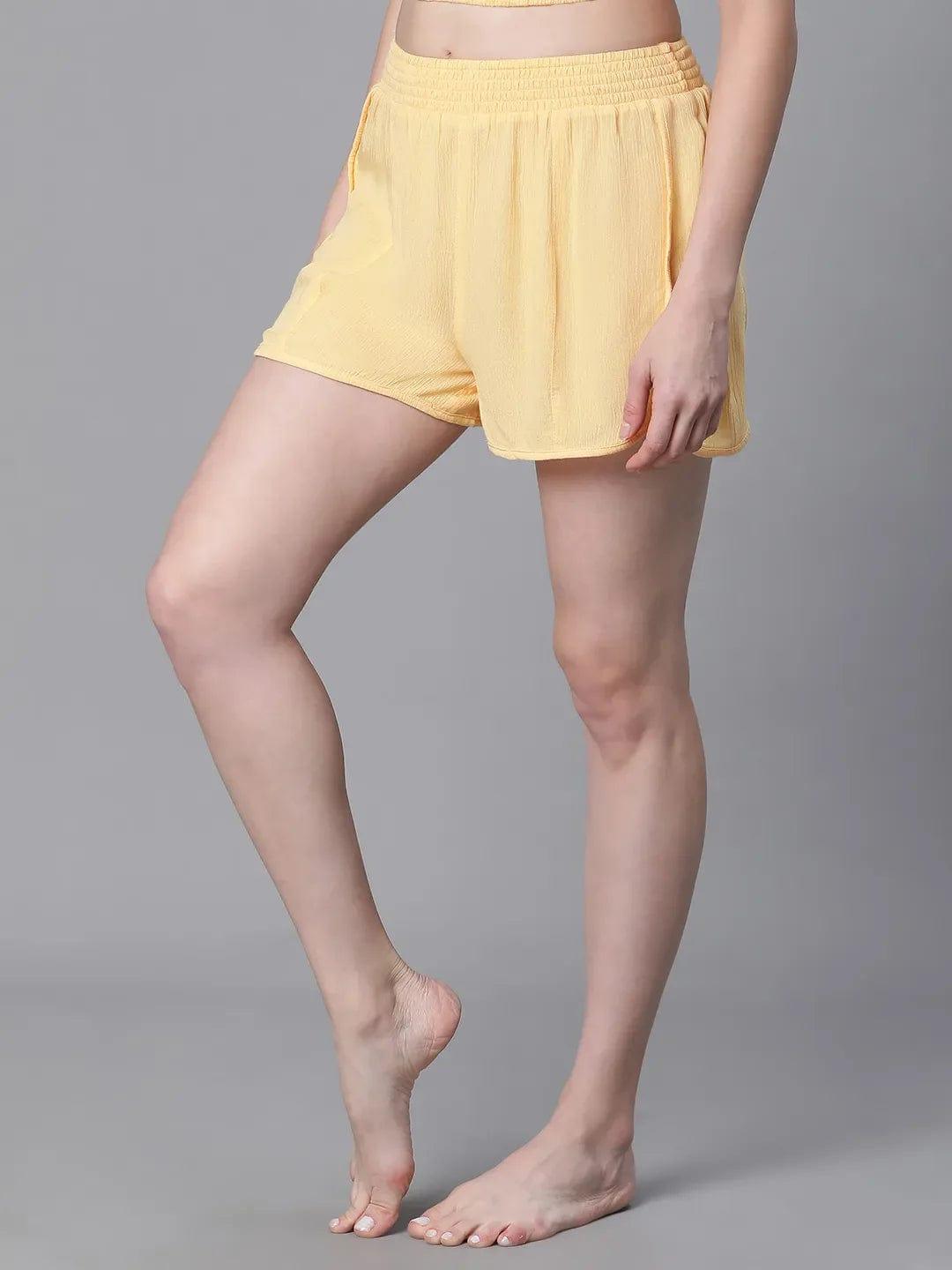 Women Yellow Elasticated Nightwear Plush Shorts for Comfort