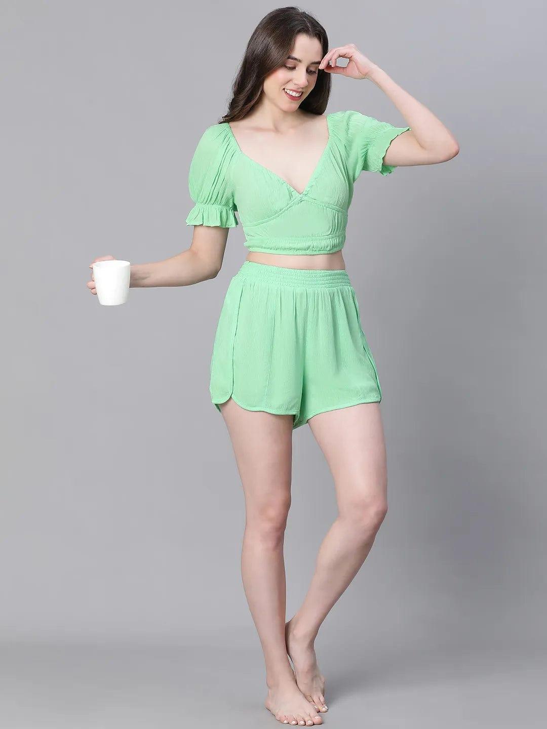 Women Green Elasticated Nightwear Plush Shorts for Comfort