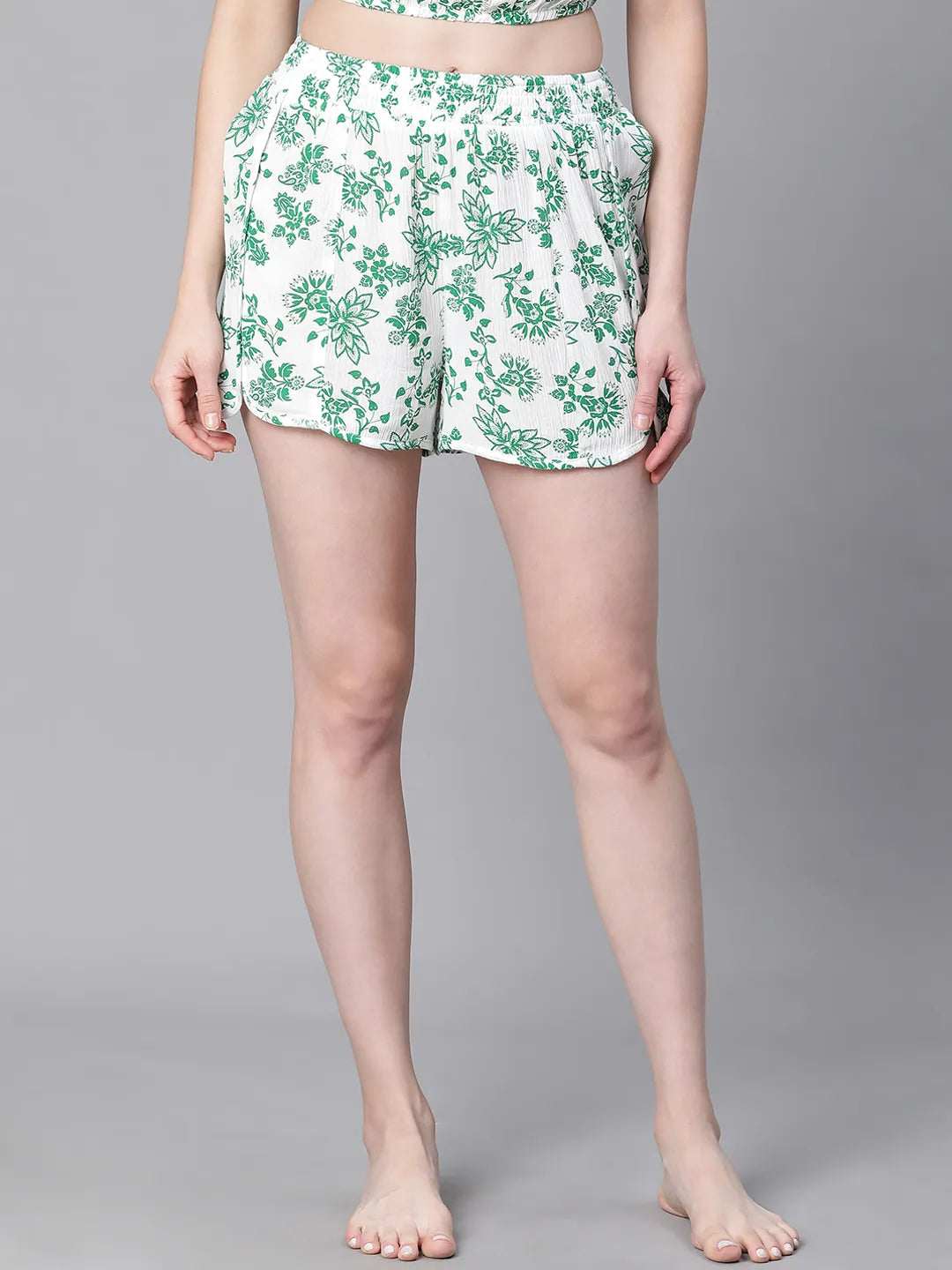 Women Green Floral Print Elasticated Nightwear Shorts