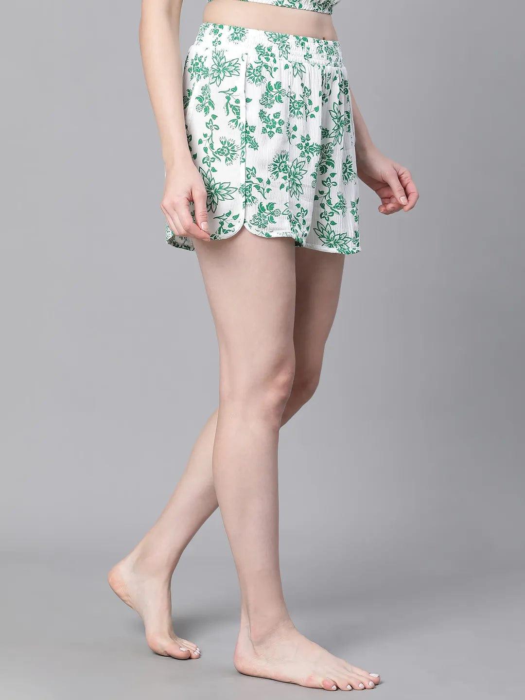 Women Green Floral Print Elasticated Nightwear Plush Shorts