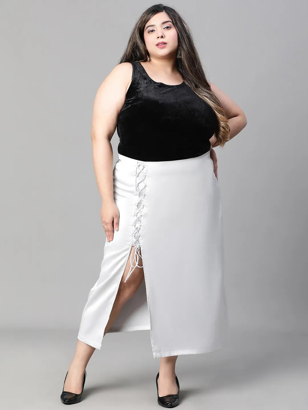 Grey Zig-Zag Detailed Slit Cut Satin Plus Size Skirt