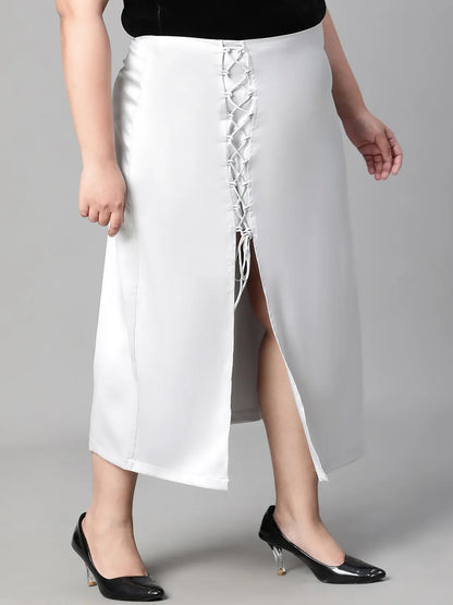 Grey Zig-Zag Detailed Slit Cut Satin Plus Size Skirt