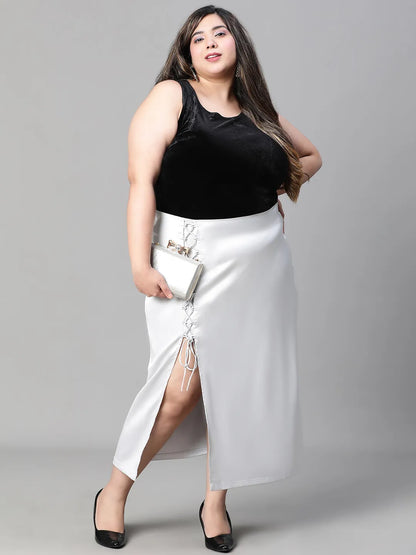 Grey Zig-Zag Detailed Slit Cut Satin Plus Size Skirt