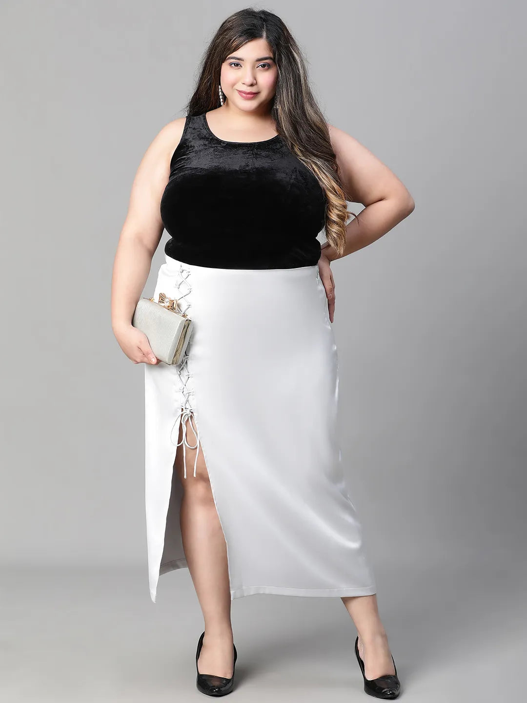 Grey Zig-Zag Detailed Slit Cut Satin Plus Size Skirt