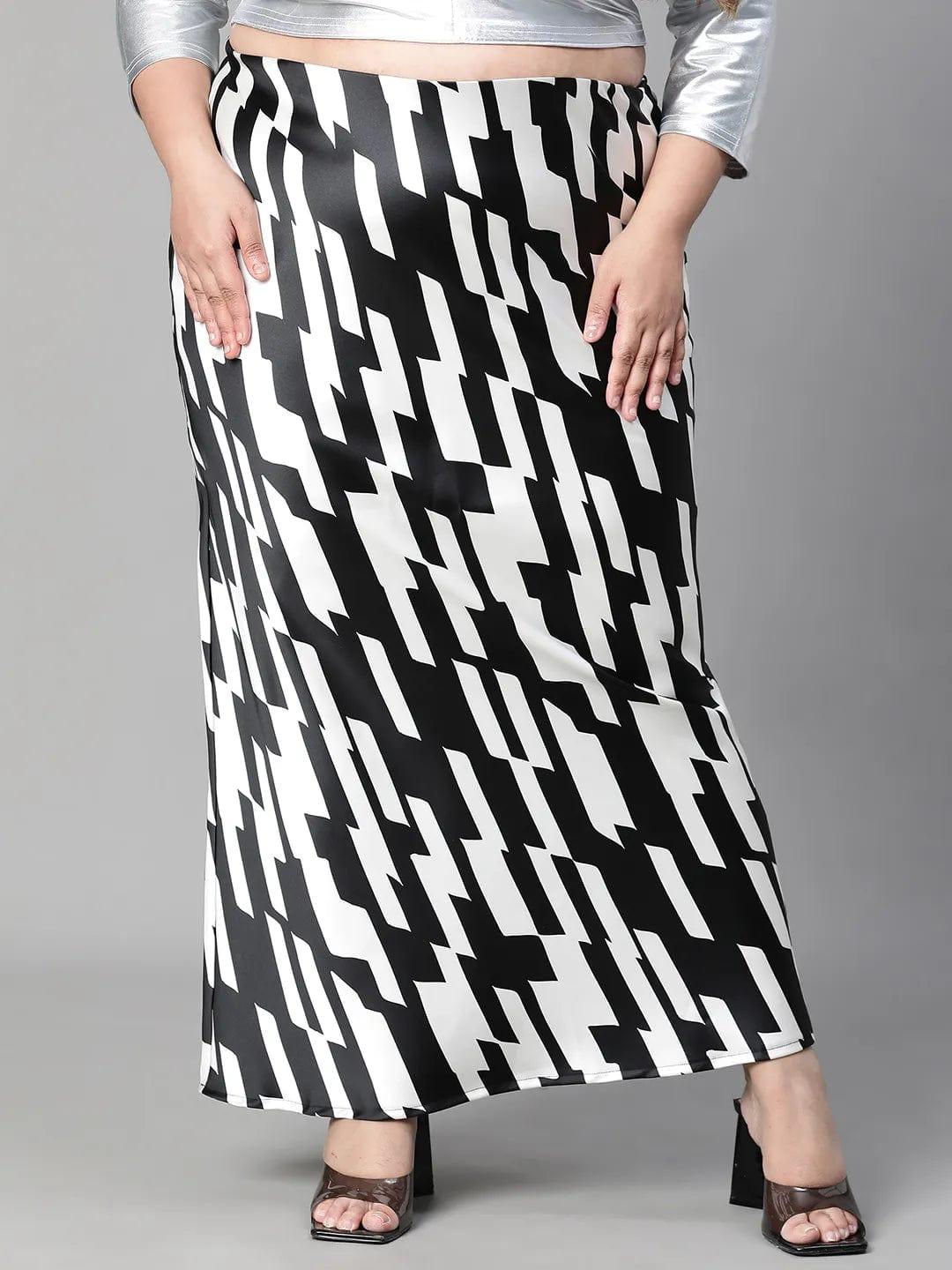 Black & White Printed Long Satin Plus Size Skirt