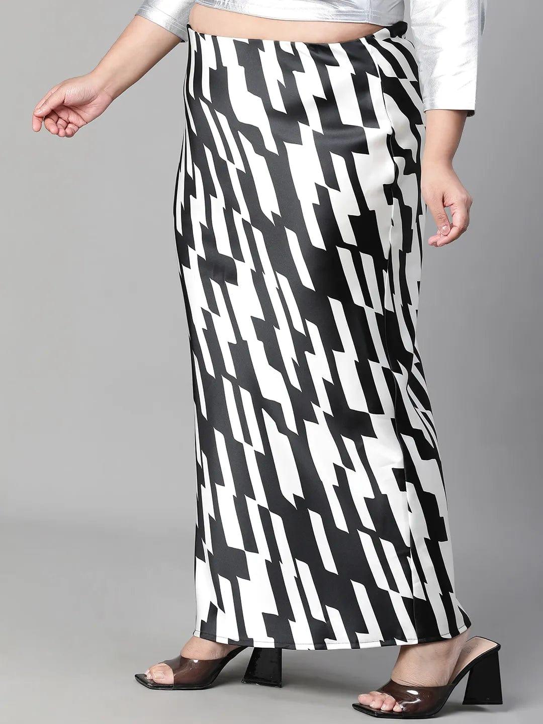 Black & White Printed Long Satin Plus Size Skirt