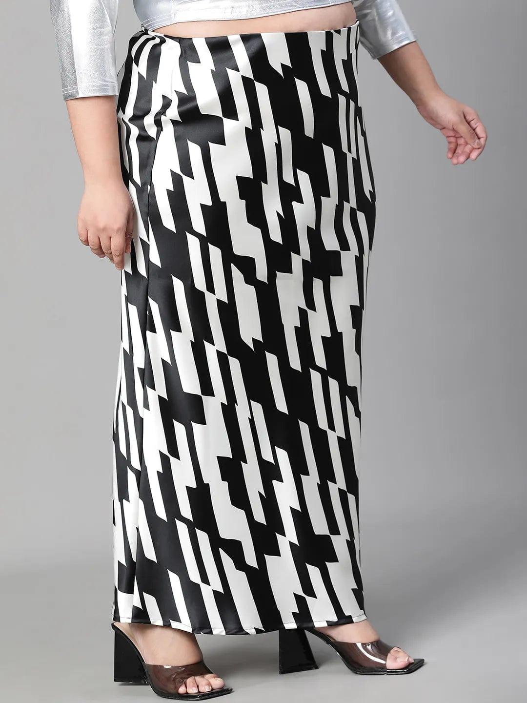 Black & White Printed Long Satin Plus Size Skirt