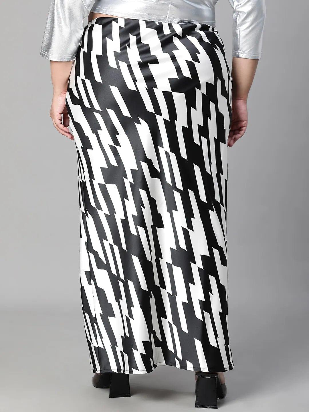 Black & White Printed Long Satin Plus Size Skirt