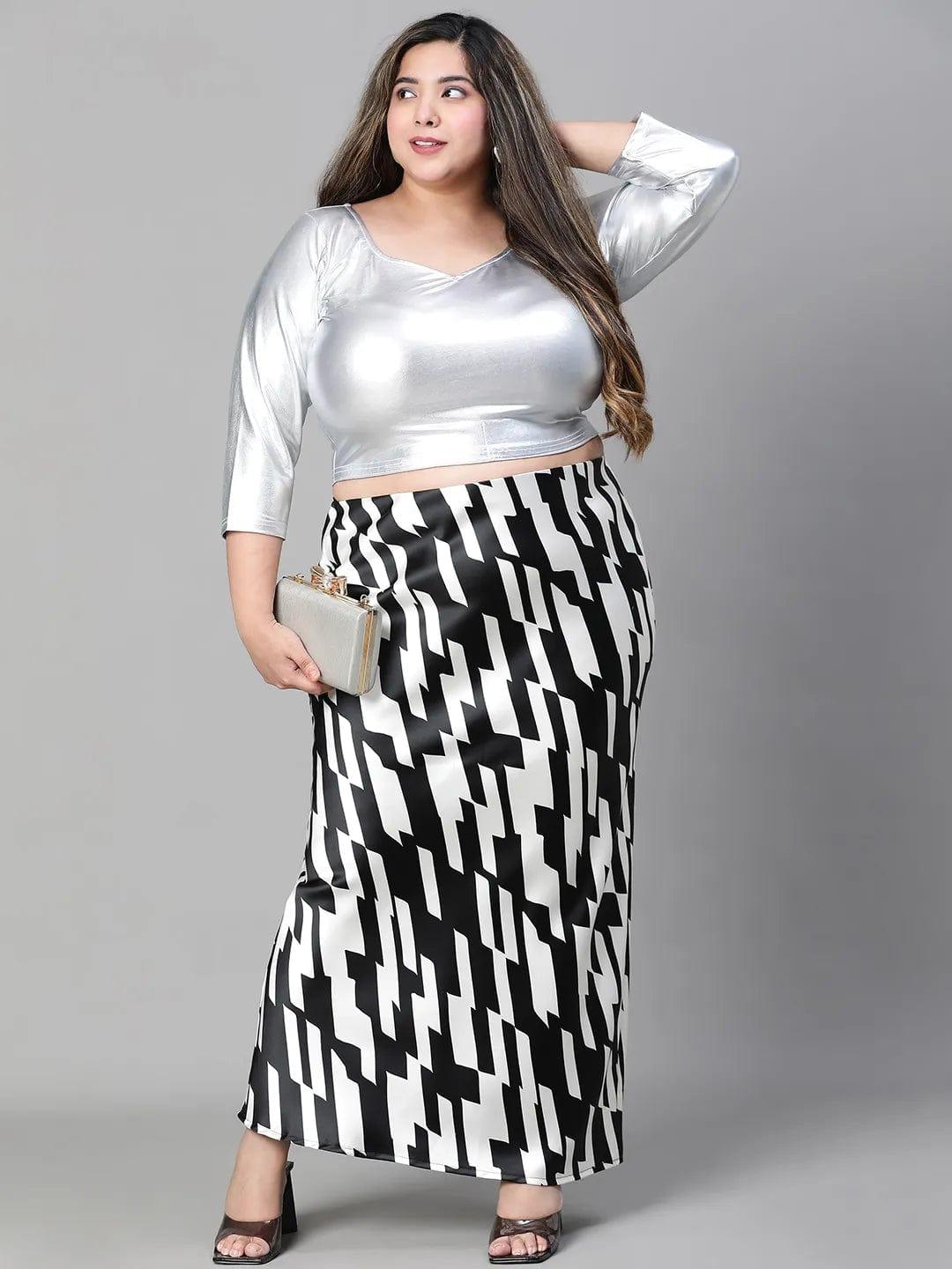 Black & White Printed Long Satin Plus Size Skirt