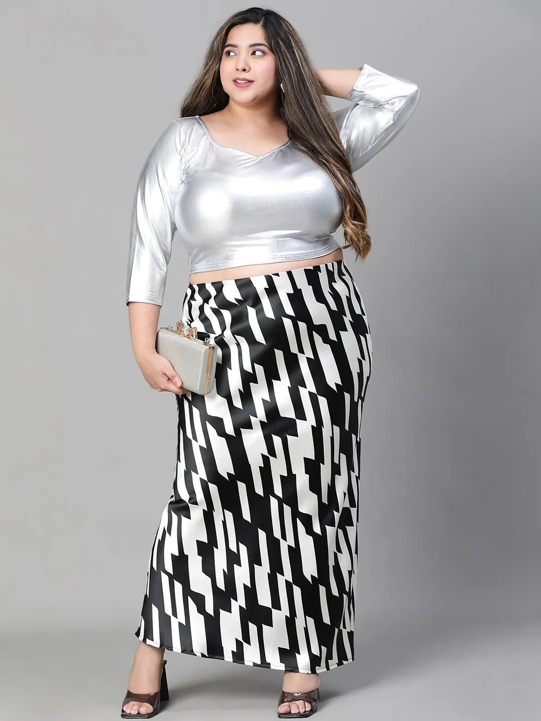 Black &amp; White Printed Long Satin Plus Size Skirt