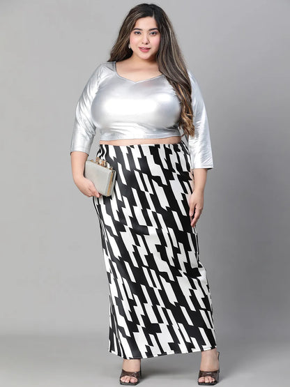 Black &amp; White Printed Long Satin Plus Size Skirt