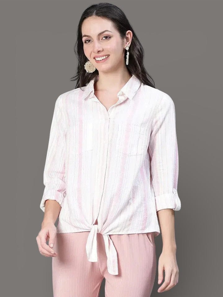 Magnified Multicolor Stripe Print Tie-Knot Cotton Shirt