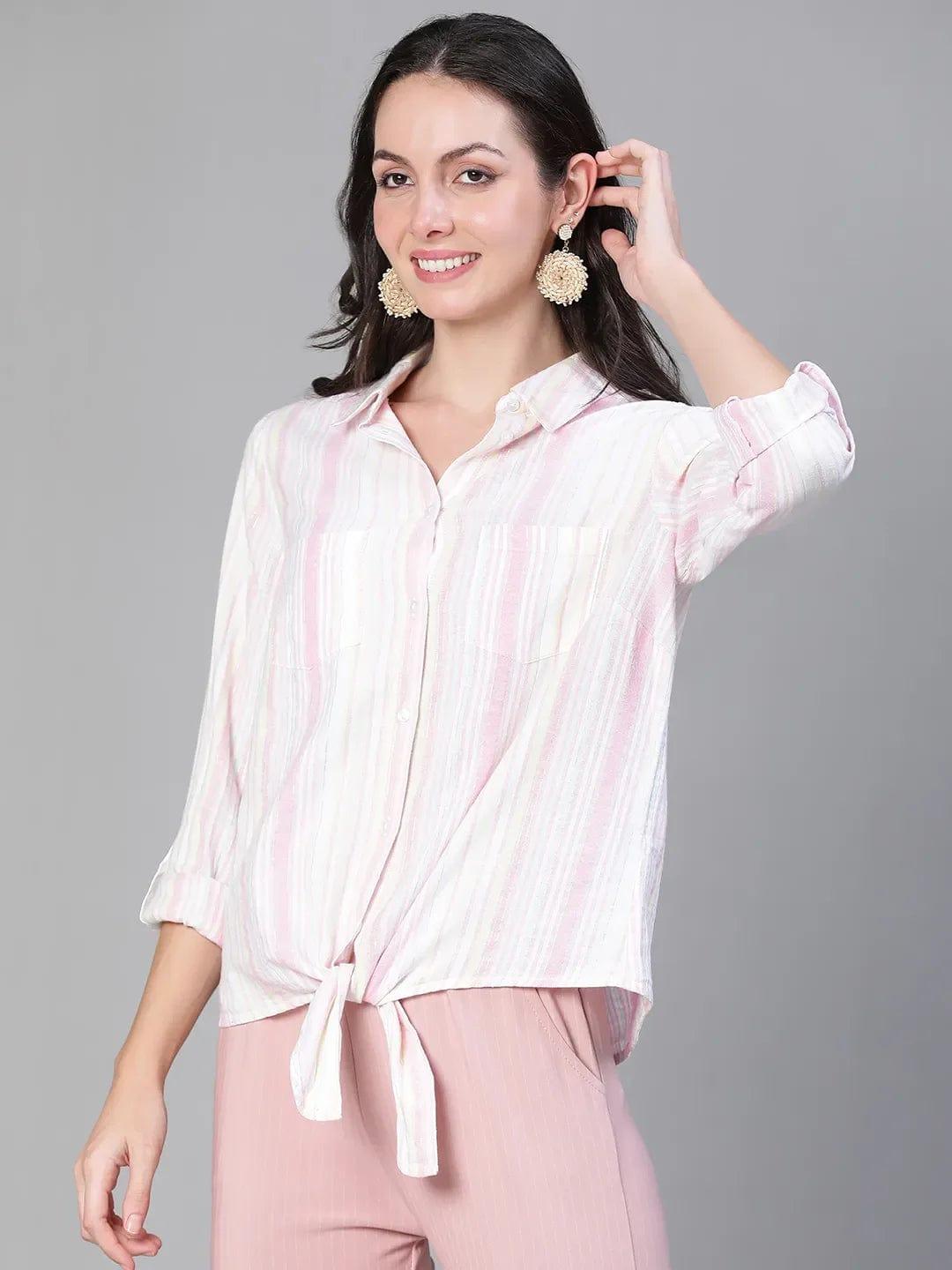 Magnified Multicolor Stripe Print Tie-Knot Cotton Shirt