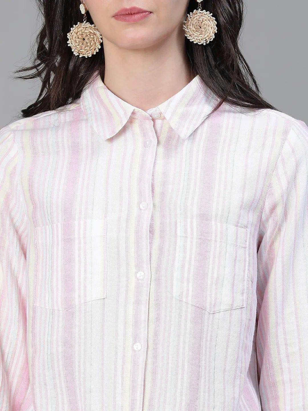 Magnified Multicolor Stripe Print Tie-Knot Cotton Shirt