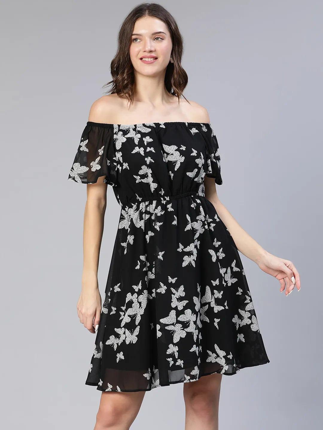 Women Floral Print Off-Shoulder Flared Black Women Dress