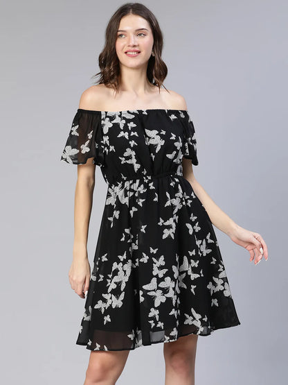 Women Floral Print Off-Shoulder Flared Black Dress