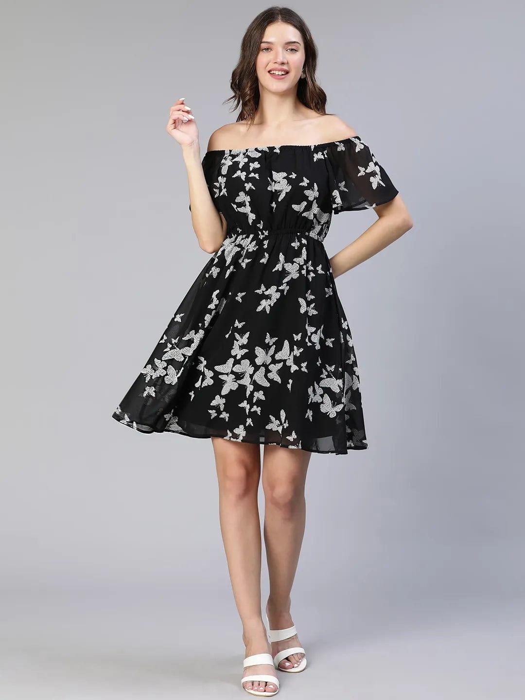 Women Floral Print Off-Shoulder Flared Black Women Dress