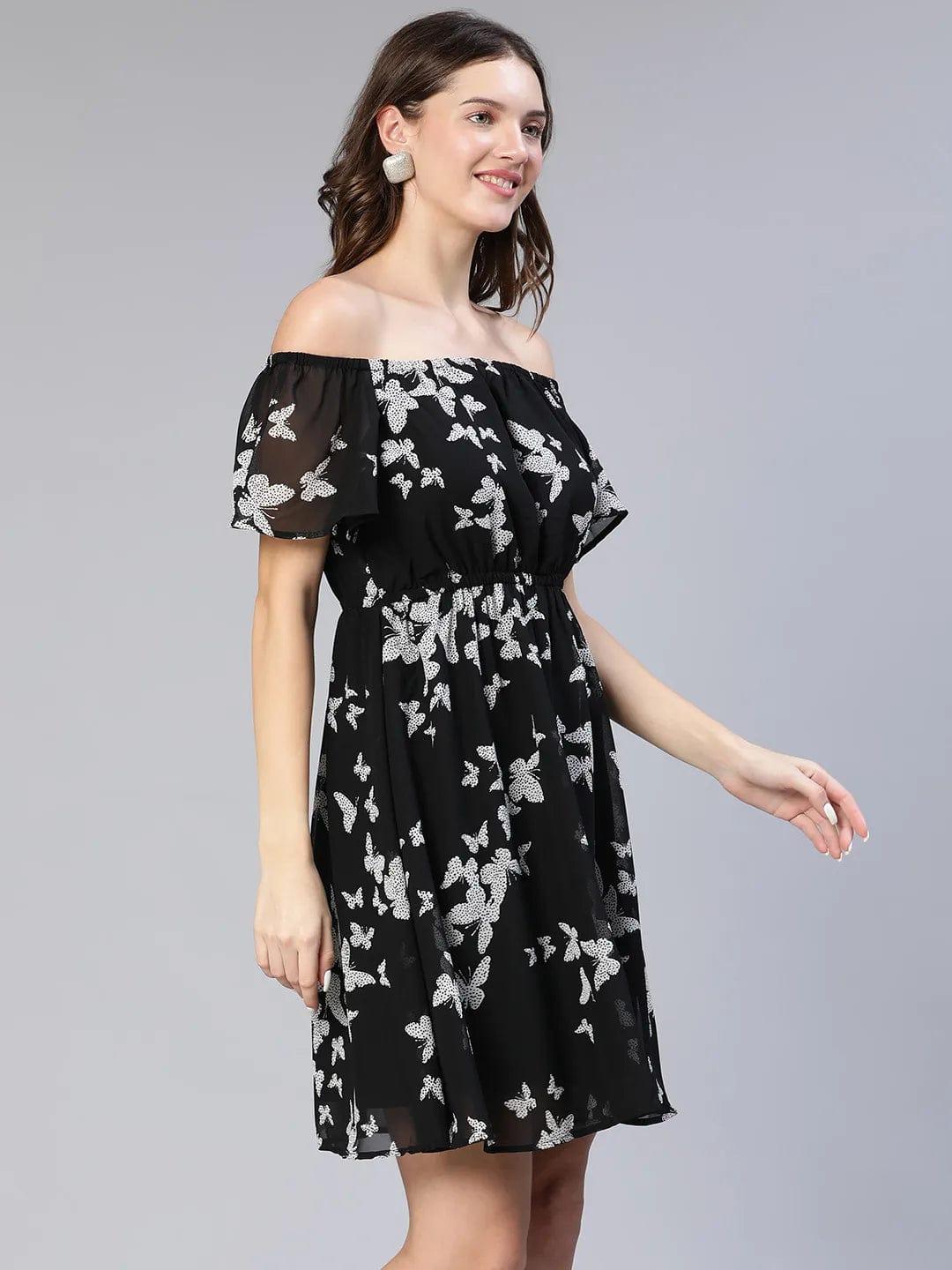 Women Floral Print Off-Shoulder Flared Black Women Dress